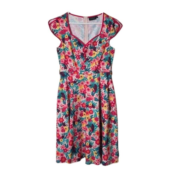 Voodoo vixen pink tropical floral cat print dress women's M/6 retro pinup - Picture 1 of 10